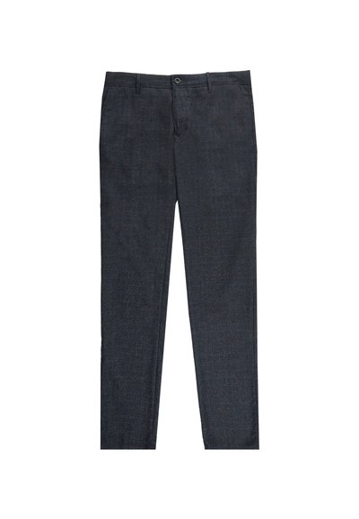 Ciemnoniebieskie spodnie wykonane z fakturowanej tkaniny. Dopasowany krój z gładkim wykończeniem i klasycznym zapięciem w pasie, z pojedynczym guzikiem z przodu.