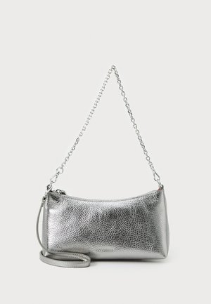 Silver metallic handbag with a textured surface, slim shape, zippered top, and a detachable chain strap. Features a small shoulder strap.