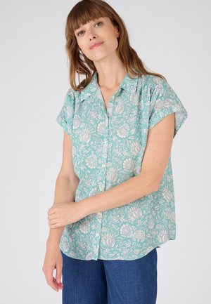 Chemise à manches courtes en turquoise clair avec imprimé floral blanc, dotée d'un col et d'une coupe décontractée, fabriquée en tissu doux.