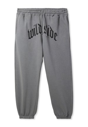 Pantaloni grigi in felpa con vita elastica e cordoncino, con la scritta "wildside" in lettere nere sul davanti.