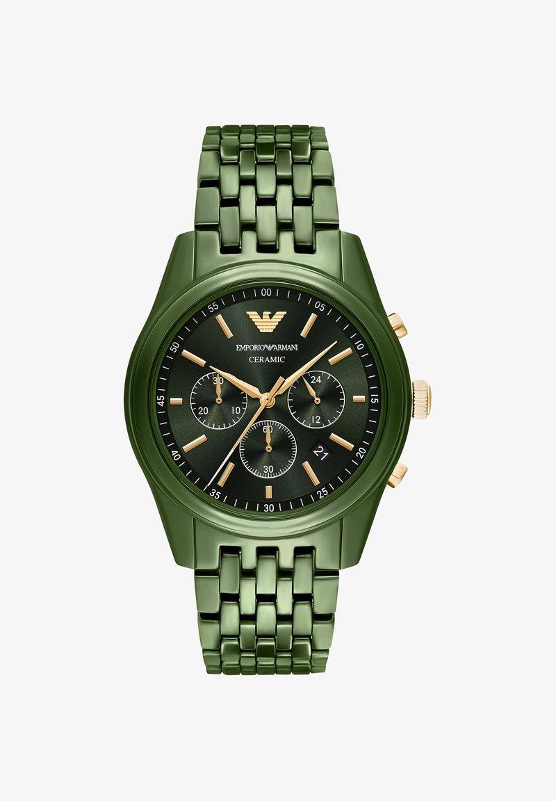 Green ceramic Emporio Armani wristwatch with gold-tone hands, three subdials, date display at 4 o'clock, and linked bracelet strap.