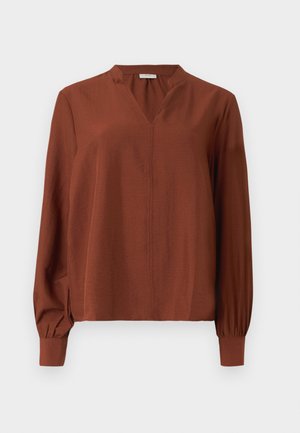 Langermige, roestkleurige blouse met een V-hals, gathered pofmouwen en een subtiele glans. Zachte, lichte stof met een ontspannen pasvorm.