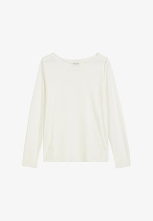 Długi rękaw w kolorze kremowym, wykonany z miękkiego materiału. Posiada szeroką linię dekoltu oraz luźny krój z prążkowanymi mankietami, minimalistyczny design bez wzorów.