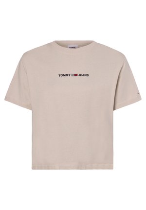 Beżowy bawełniany T-shirt z krótkimi rękawami, z logo "TOMMY JEANS" w czerni i czerwieni umieszczonym centralnie na przodzie. Prosty, okrągły dekolt.