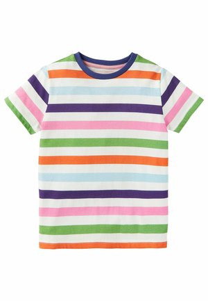 Kurzärmeliges Baumwoll-T-Shirt mit horizontalen Streifen in Orange, Grün, Lila, Pink und Hellblau, mit dunkelblauem Rundhalsausschnitt.
