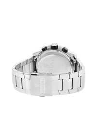 Reloj cronógrafo con correa de acero inoxidable plateada, tres pulsadores negros y caja pulida. La parte trasera expuesta muestra los detalles del modelo.