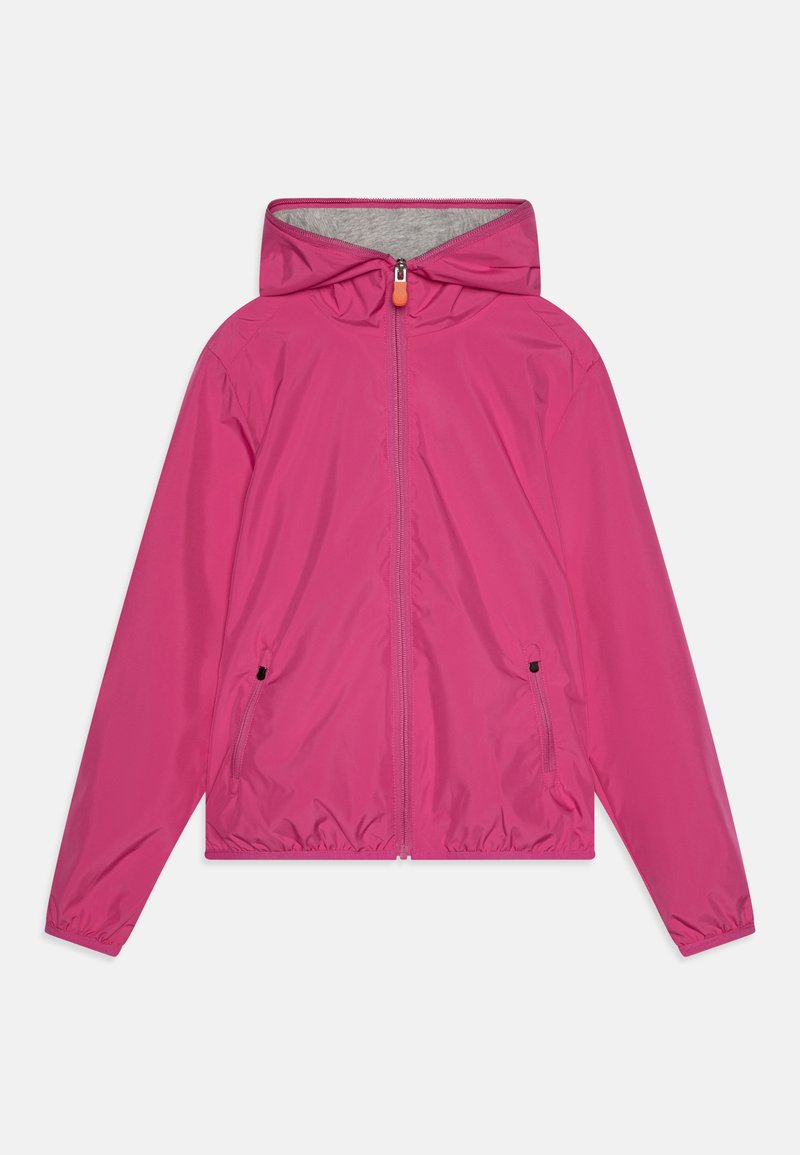 Fuchsia lichtgewicht jack met capuchon, ritssluiting aan de voorkant, elastische manchetten en twee zijzakken, met een grijze voering.