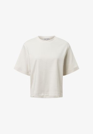 Short-sleeve, cream-colored T-shirt made of soft fabric with a relaxed fit, featuring a round neckline and no prominent patterns.