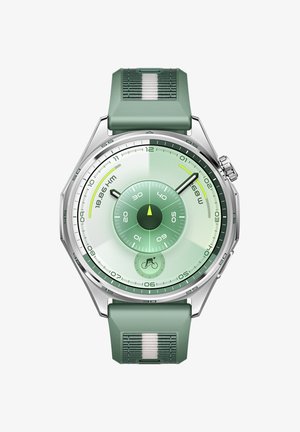 Sport watch with a silver case, green gradient dial, and green silicone strap with a white stripe. Features circular sub-dials and rotating bezel.