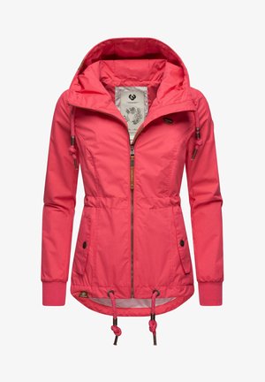 Roza jakna z zadrgo spredaj, z vrvico pri kapuci in robu, elastičnimi manšetami in žepi. Narejena je iz gladkega, lahkega materiala.