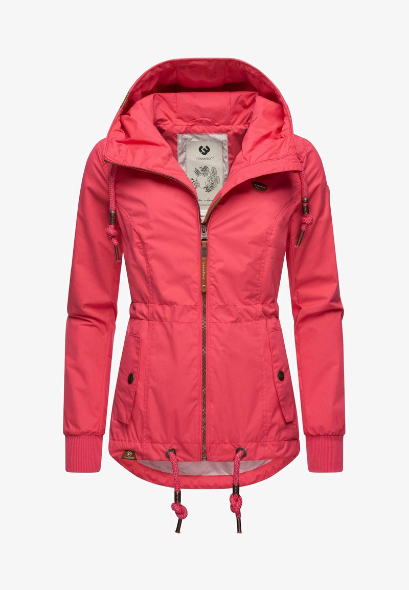 Pink jacket featuring a zip front, drawstring hood and hem, elastic cuffs, and pockets. Made of smooth, lightweight material.
