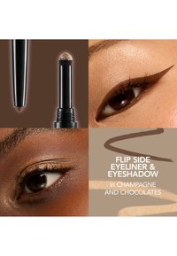 Flip Side Eyeliner ja Eyeshadow, musta putki, jossa on sienen kärki. Värejä: Shampanja ja Suklaat. Matta ja kimalteleva tekstuuri.