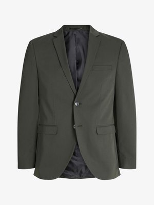 Olijfgroen blazer van gladde stof, met een enkele knoopsluiting, notch revers en twee voorzakken. Gevoerde binnenzijde.