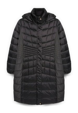 Cappotto lungo imbottito nero con cappuccio. Caratterizzato da un motivo trapuntato a diamante, polsini elasticizzati e chiusura con bottoni a pressione. Texture morbida e lucida.