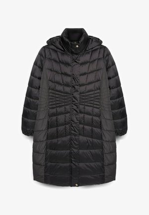 Schwarzer langer gesteppt gepolsterter Mantel mit Kapuze. Verfügt über ein diamantgestepptes Muster, elastische Bündchen und einen Druckknopfverschluss. Weiche, glänzende Textur.