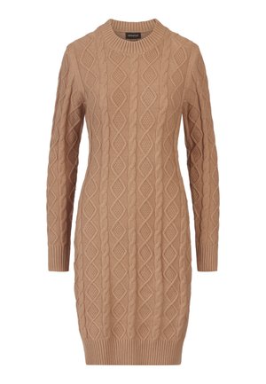 Beige gestricktes Sweaterkleid mit langen Ärmeln, Rundhalsausschnitt und strukturiertem Rautenmuster in Zopfmuster, figurbetonter Silhouette, sowie gerippten Bündchen und Saum.