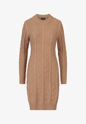 Beige gebreide jurk met lange mouwen, ronde hals en een getextureerd kabelgebreid ruitpatroon, aansluitende pasvorm, geribbelde manchetten en zoom.