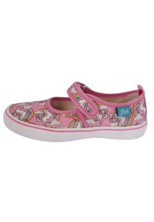 Rosa Mary Jane Schuhe aus Stoff mit einem Einhorn- und Regenbogenmuster, gesichert mit einem Klettverschluss und einer weißen Gummisohle.