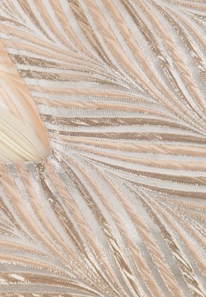 Light beige and gold fabric with wavy texture and metallic shimmer; features alternating cream and gold stripes creating a layered effect.