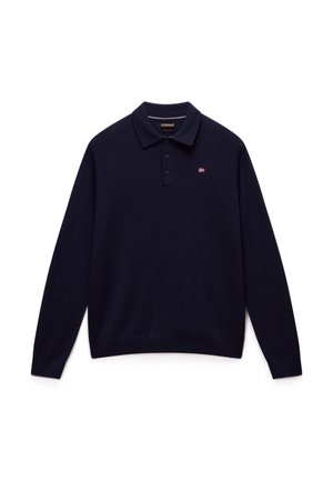 Μπλέ ναυτικού μακρυμάνικη πόλο μπλούζα φτιαγμένη από μαλακό ύφασμα πλέ knit, με τριπλό κουμπί και μικρό κεντητό λογότυπο στο στήθος.