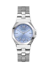 Orologio in acciaio inox argentato con quadrante analogico azzurro chiaro, cassa ottagonale, numeri romani XII e VI, e bracciale in metallo lucido.