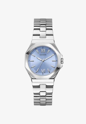 Sølv rustfritt stålklokke med en lys blå analog urskive, åttekantet kasse, romerske tall XII og VI, og et polert metallarmbånd.