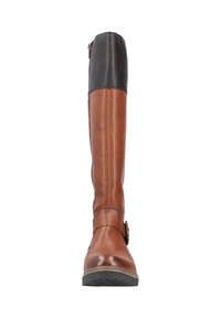 Botte en cuir marron, montant jusqu'au genou, avec un dessus en cuir noir, fermeture éclair sur le côté et une boucle décorative. Texture lisse et semelle en caoutchouc robuste.
