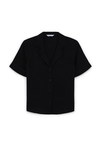 Camicia nera a maniche corte con apertura frontale a bottoni, colletto a punta e texture in tessuto morbido. Design semplice con vestibilità comoda.