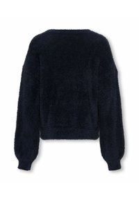 Mörk marinblå långärmad tröja med luddig struktur, rund halsringning och ribbade muddarna, visas bakifrån på vit bakgrund.