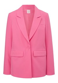 Blazer rose en tissu lisse. Il présente un revers cranté, une fermeture à un bouton, deux poches avant et une poche poitrine.
