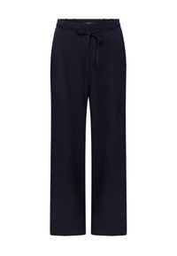 Pantalon large bleu marine en tissu léger, avec une taille à cordon, des poches latérales et une finition lisse.