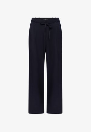 Navy wide-leg trousers in lightweight fabric, featuring a drawstring waistband, side pockets, and a smooth finish.