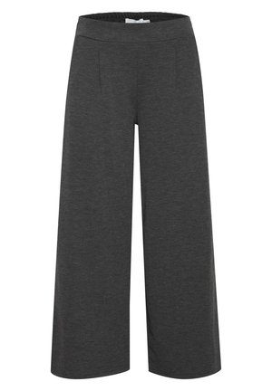 Gray wide-leg trousers made of soft fabric. Features an elastic waistband and two front pockets for added convenience.