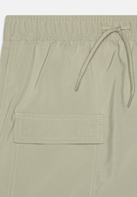 Bermudas cargo de color verde claro con cinturilla elástica, cordón y un bolsillo trasero con detalles de costura sutiles. Textura de tela suave.