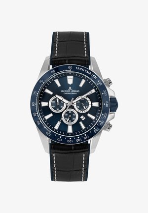 Chronograph-Uhr mit blauem Zifferblatt und silbernen Akzenten, Edelstahlgehäuse, schwarzem Lederarmband und Tachymeter-Lünette.