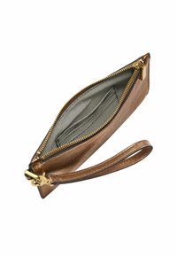Bronzefarbenes Leder-Wristlet mit einem goldenen Reißverschluss, einem Reißverschlussfach und einem Handgelenkriemen. Das Innere ist mit einem grauen Futter und Kartenfächern ausgestattet.