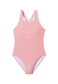 Stribet ensartet swimmertøj i blød pink og hvid, med et solgrafik i midten og krydsede stropper bagpå for en sikker pasform.