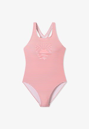 Striped one-piece swimsuit in soft pink and white, featuring a sun graphic at the center and cross-back straps for secure fit.