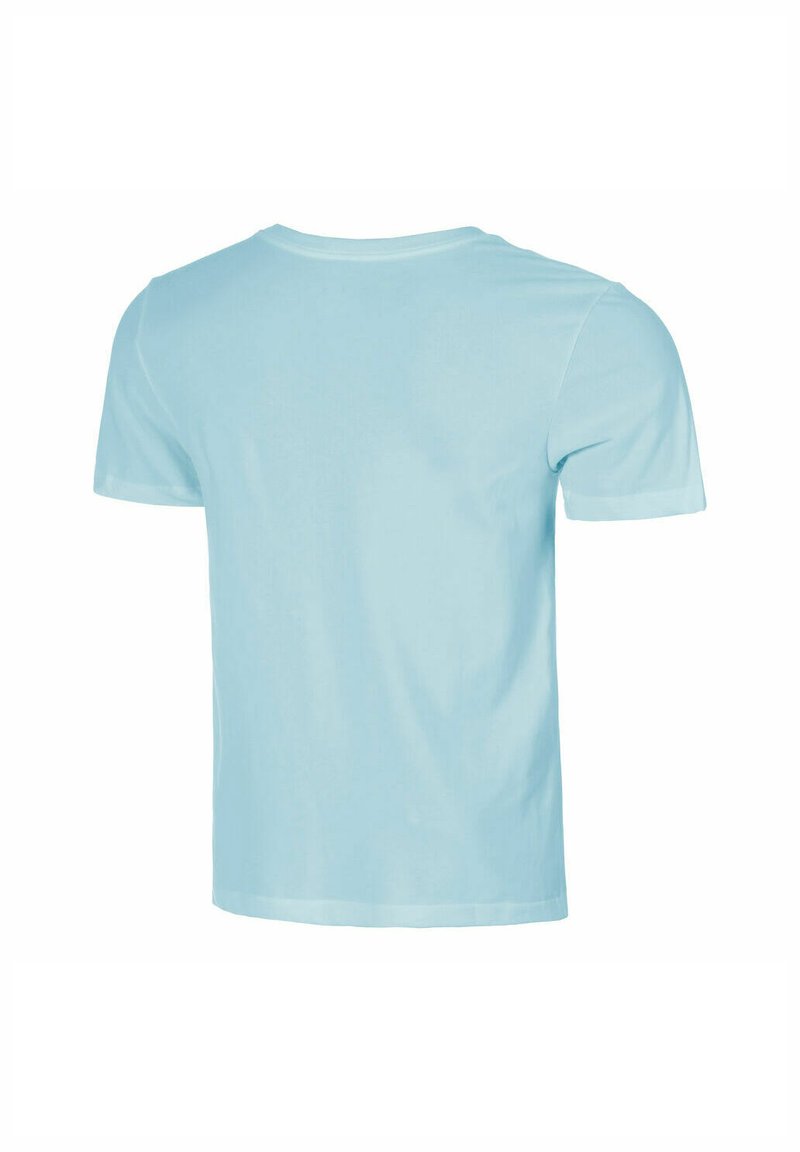 T-shirt bleu clair à manches courtes en coton. Design simple avec un col rond et un ourlet droit, offrant une texture lisse et douce.