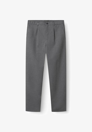 Sive, ravne hlače iz teksturirane tkanine. Imajo elastičen pas, stranske žepe in sprednje zapiranje na gumb.