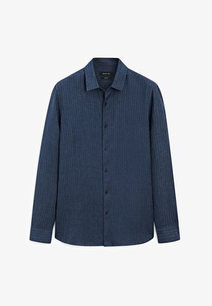 Blauw gestreepte overhemd met knopen, een kraag, lange mouwen, zwarte knopen en een rechte zoom. Gemaakt van een lichte stof met een subtiele textuur.