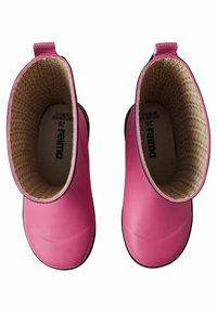 Pink rubber ankle boots with a smooth texture, black soles, and a patterned interior. Features pull tabs for easy wear. Size 28.