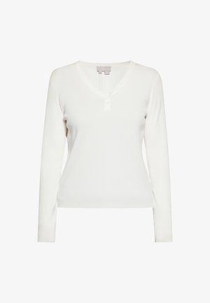 Biała bluzka z długim rękawem z prążkowanego materiału, z dekoltem w kształcie litery V i dwiema guzikami na listwie, wykonana z miękkiego materiału.