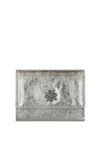 Silver metallic wallet made of textured leather with a clasp closure. Features a decorative emblem on the front, compact and rectangular design.
