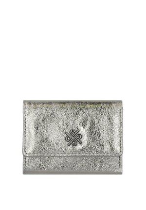 Silver metallic wallet made of textured leather with a clasp closure. Features a decorative emblem on the front, compact and rectangular design.