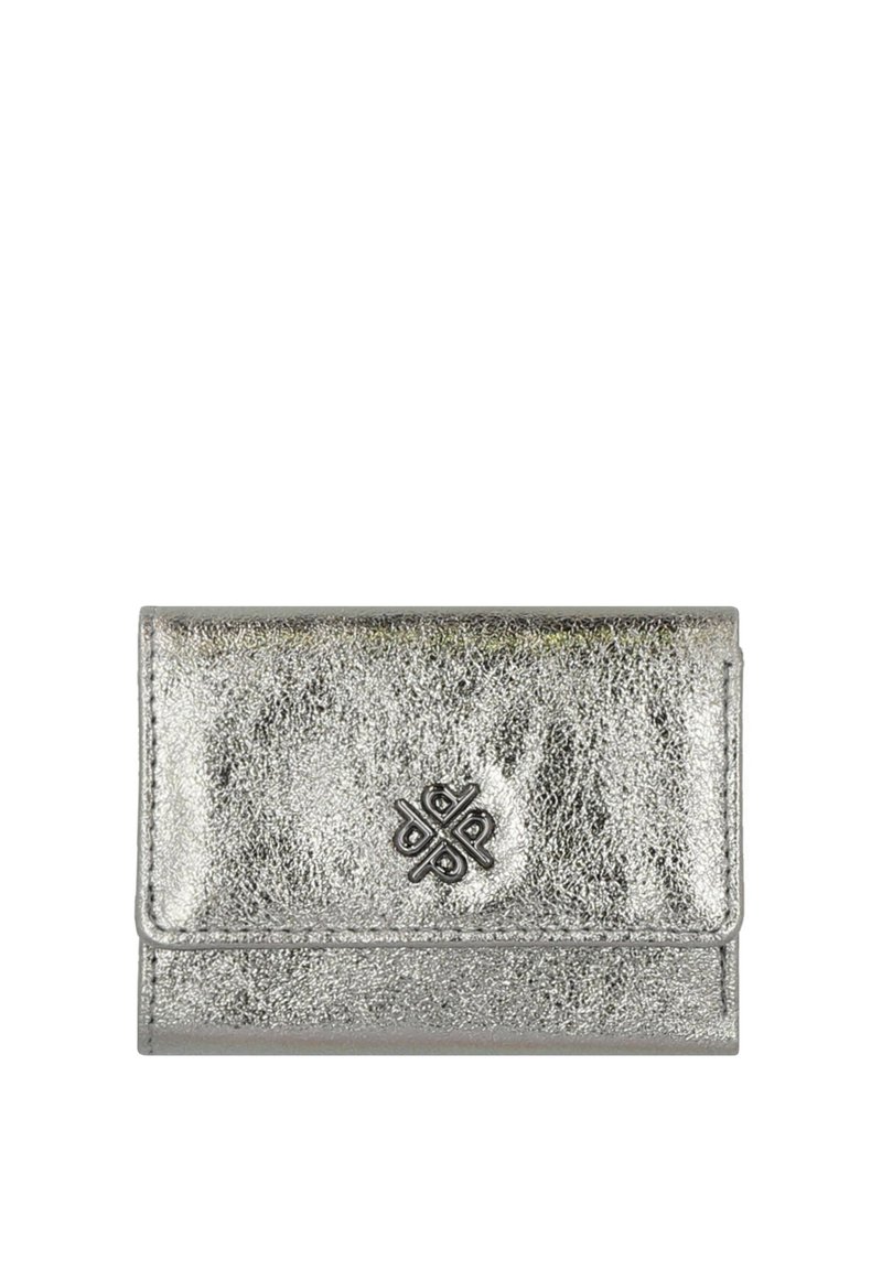 Silver metallic wallet made of textured leather with a clasp closure. Features a decorative emblem on the front, compact and rectangular design.