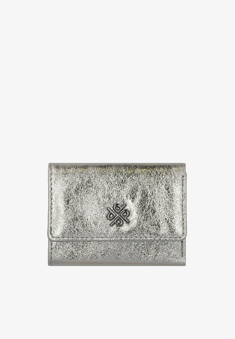 Silver metallic wallet made of textured leather with a clasp closure. Features a decorative emblem on the front, compact and rectangular design.