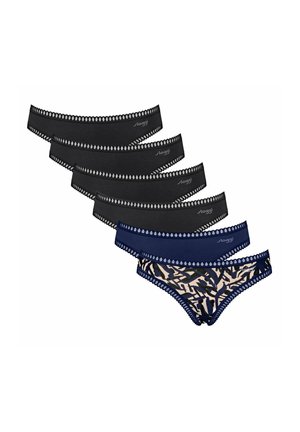 Vijf hipster slipjes voor dames in zwart, donkerblauw en beige met zwart blaadjespatroon, voorzien van kanten randje en klein logo aan de voorkant.