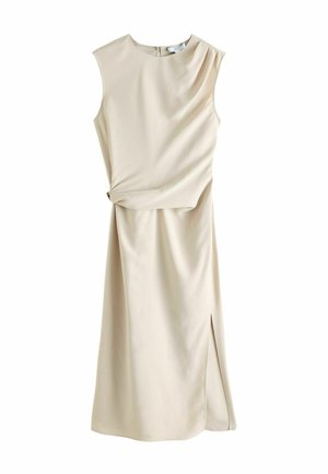 Beiges ärmelloses Kleid mit rundem Ausschnitt, drapiertem Design, vorderem Knoten-Detail und seitlichem Schlitz, aus glattem Stoff gefertigt.