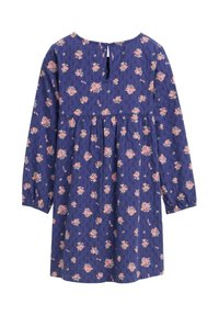 Tunika-Kleid mit Blumenmuster aus weichem Stoff. Es hat lange Ärmel, einen runden Halsausschnitt und einen plissierten Rock in Dunkelblau mit rosa Blumen.